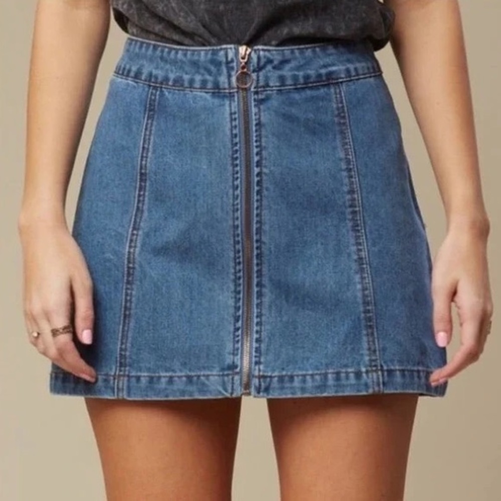Altar’d State Zip-Up Denim Mini Skirt - Size Medium
